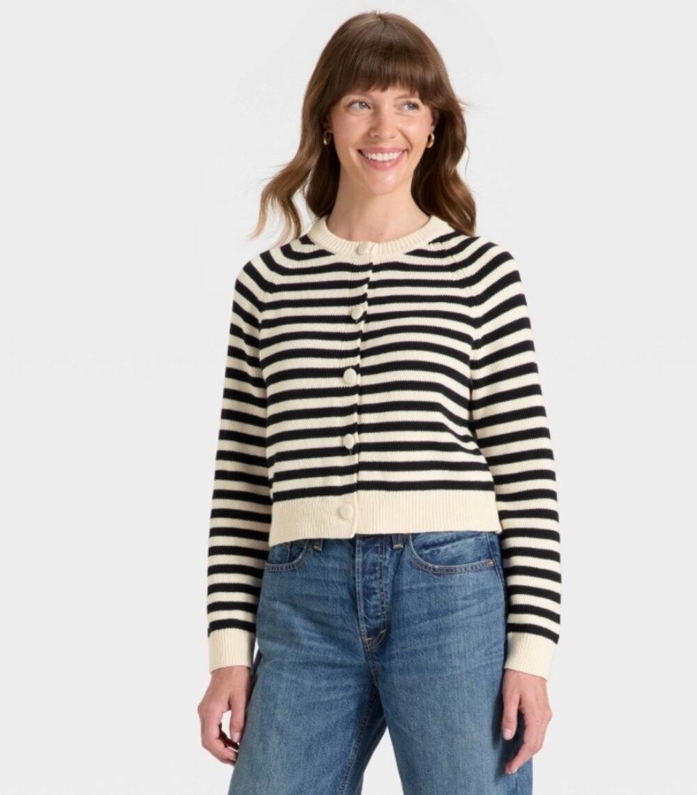 Universal Thread Cropped Button-Down Cardigan Cream Black Striped Size Small